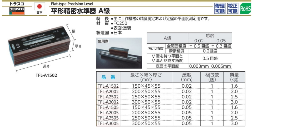 格安即決格安即決TRUSCO(トラスコ) 平形精密水準器 A級 寸法150 感度0.02 TFL-A1502 計測、検査 
